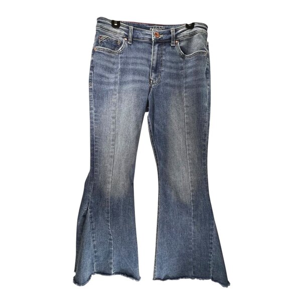 Edgely Flared Jeans High Rise Flare 12 Blue Denim Raw Hem Hippie Boho Stretch - Picture 1 of 14